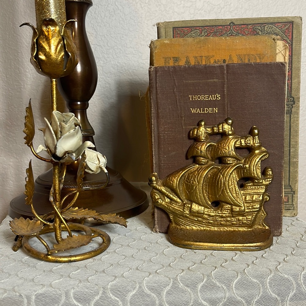 Vintage Cast Iron Brass Color Ship Bookends